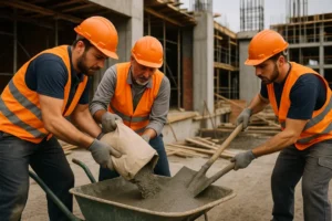 Ekipa budowlana pracująca z cementem na placu budowy.