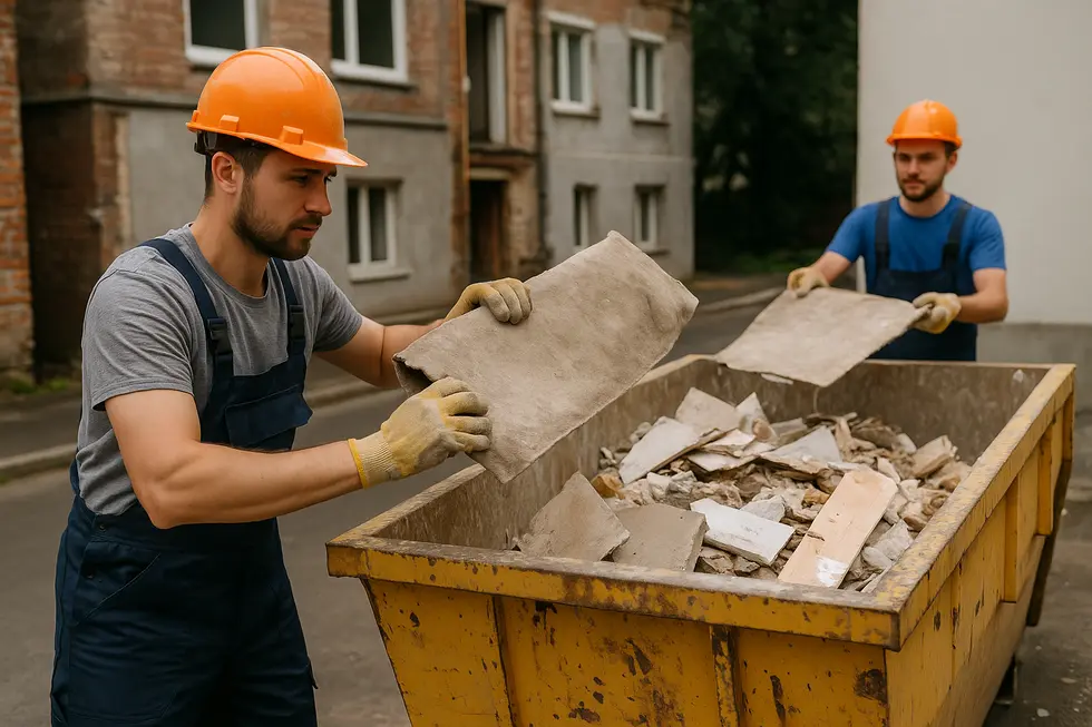 Ekipa remontowa pracująca na budowie i oczyszczająca teren z odpadów budowlanych.