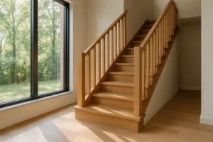 Eleganckie schody drewniane w nowoczesnym wnętrzu z dużymi oknami.
