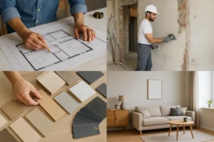 Kolarz ilustrujący etapy remontu mieszkania, ukazujący różne etapy przebudowy.