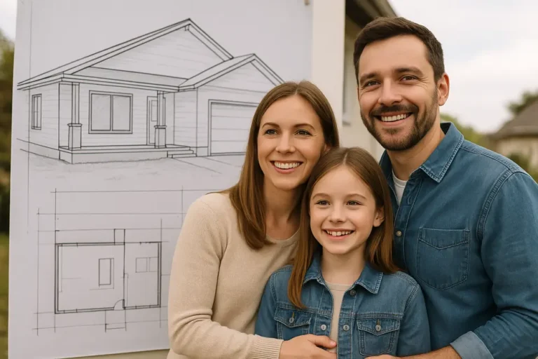 Koszt projektu domu: Co musisz wiedzieć przed budową 4 Rodzina przed projektem domu, wyrażająca radość i nadzieję.