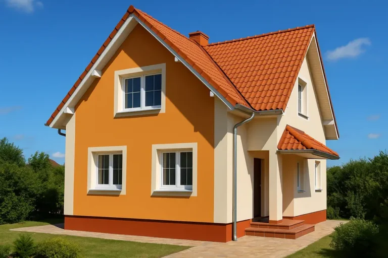 Ile kosztuje malowanie elewacji? Przewodnik dla początkujących 9 A beautifully painted house with vibrant colors and a smooth finish, highlighting the results of quality exterior painting.