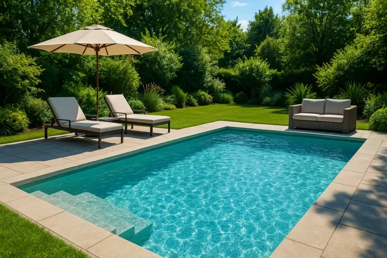 Ile kosztuje budowa basenu: Kompleksowy przewodnik dla właścicieli domów 1 Elegancki basen ogrodowy otoczony przez bujną roślinność i meble ogrodowe.
