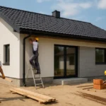 Modern house construction site showcasing a small 70 m² home being built.