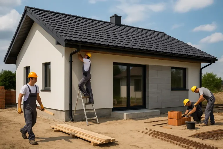 Ile kosztuje budowa domu 70 m²? 6 Modern house construction site showcasing a small 70 m² home being built.