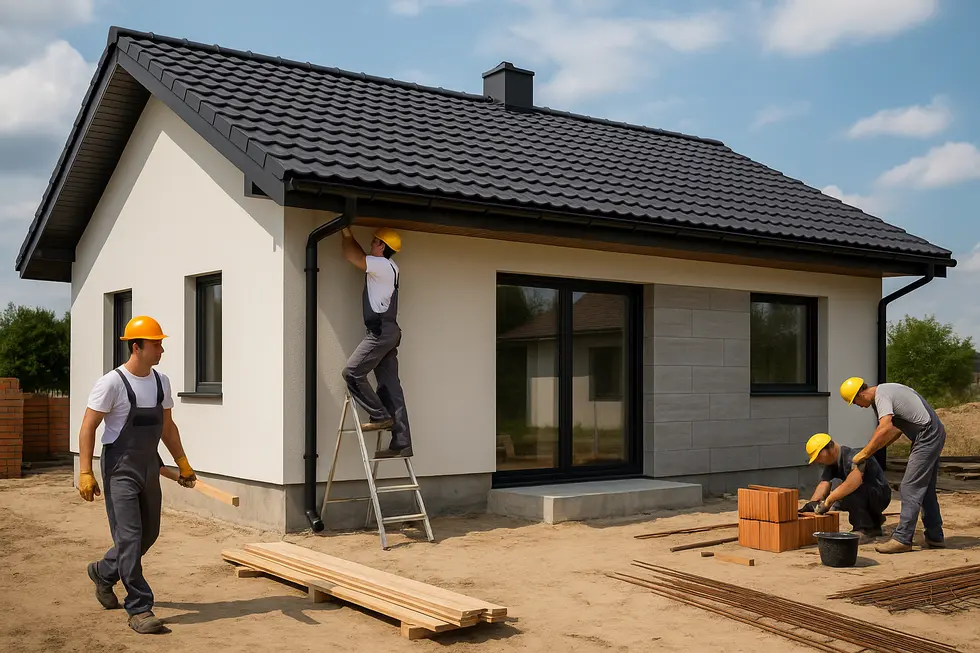 Modern house construction site showcasing a small 70 m² home being built.