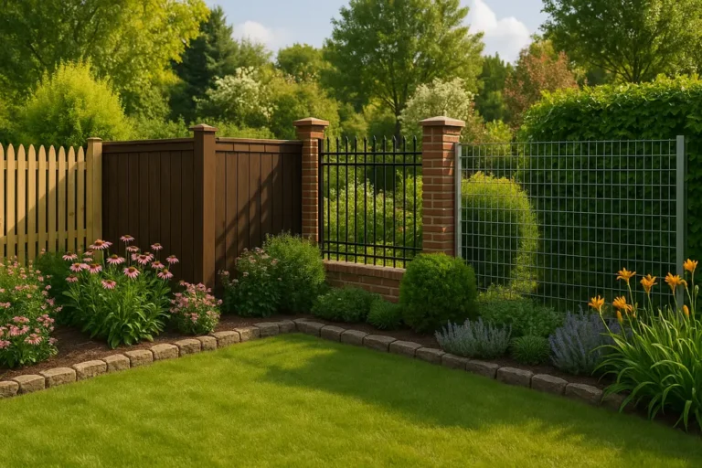 Koszt budowy ogrodzenia: Co warto wiedzieć przed inwestycją? 2 Eleganckie ogrodzenia w zadbanym ogrodzie, prezentujące różne style.