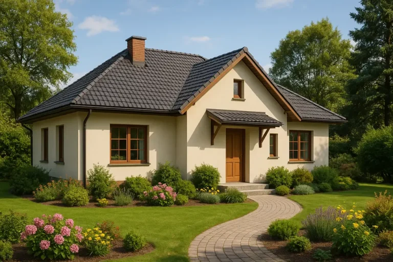 Ile kosztuje budowa domu 120 m²? Przewodnik po kosztach 3 Completed 120 m² house surrounded by nature with a garden.