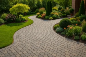 Widok ogrodu z estetycznie ułożoną kostką brukową i zielonymi roślinami.