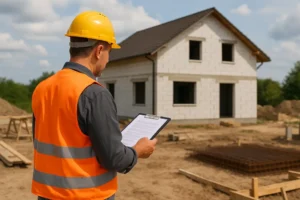 Inspektor nadzoru budowlanego kontrolujący prace na budowie.