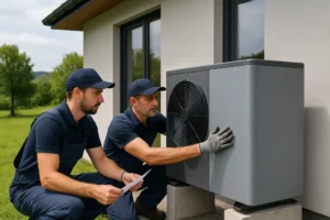 Grupa ekspertów instalujących pompę ciepła przy nowoczesnym budynku.