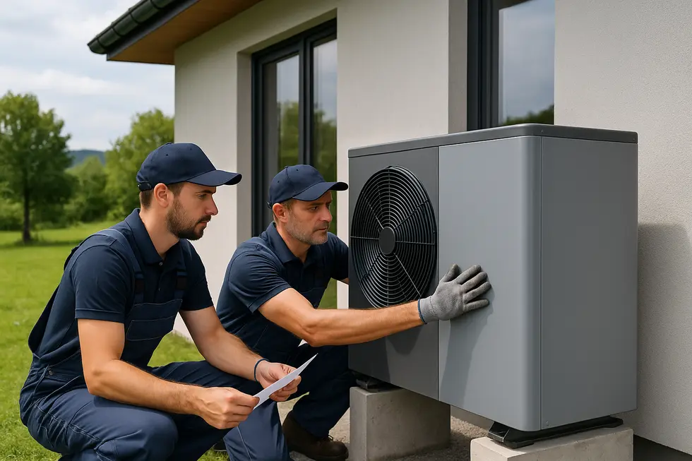 Grupa ekspertów instalujących pompę ciepła przy nowoczesnym budynku.