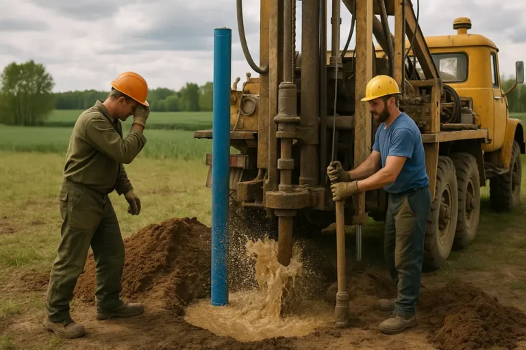 Obraz ilustrujący profesjonalne kopanie studni z użyciem zaawansowanego sprzętu.