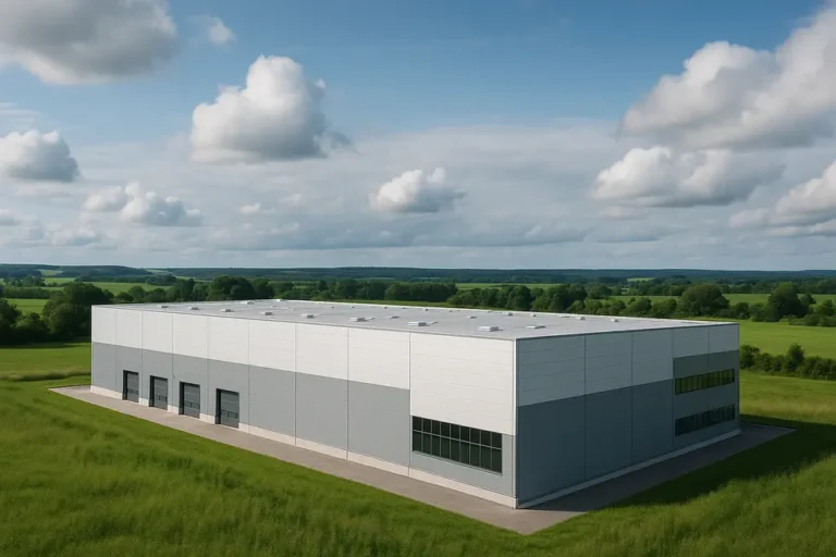 Koszt Budowy Hali: Przewodnik dla Inwestorów 10 Widok na dużą halę przemysłową w otoczeniu zieleni.