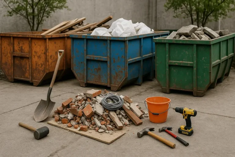 Ile kosztuje kontener na gruz w trakcie remontu? 1 Widok na plac budowy z kontenerami na gruz z widocznymi odpadami budowlanymi.