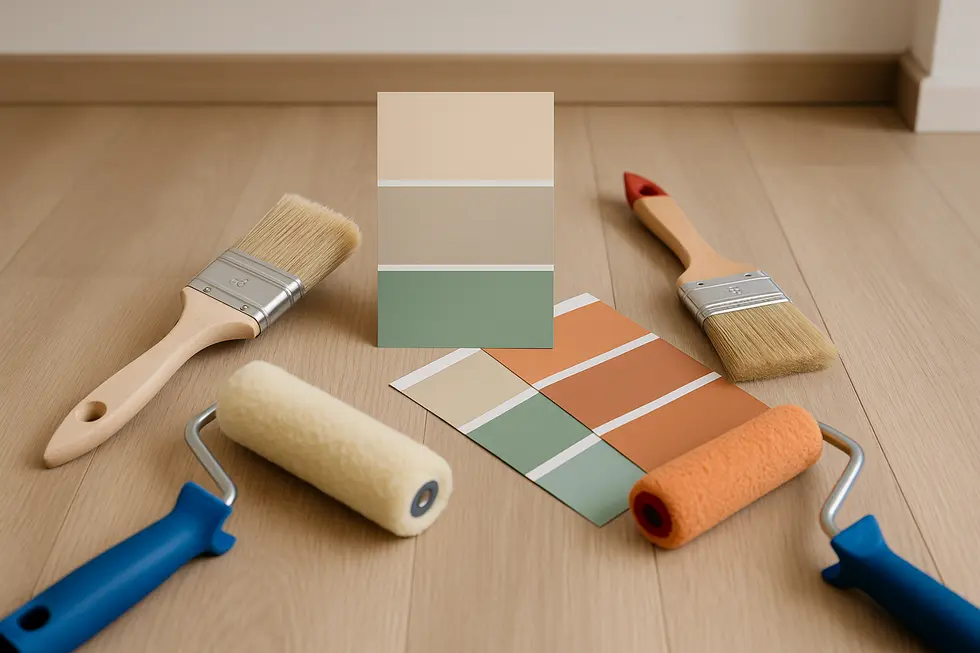 Farby i pędzle do malowania, przedstawiające temat kosztów malowania mieszkania.