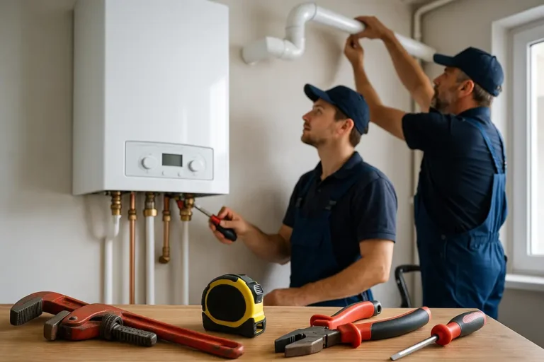 Koszt Montażu Kotła CO: Kluczowe Informacje dla Inwestorów 6 Cover image showing a modern CO boiler installation with professionals and tools.