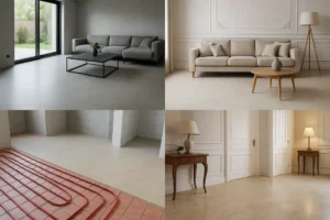 Wizualizacja różnych rodzajów posadzek anhydrytowych pokazująca ich zastosowanie w nowoczesnych wnętrzach.