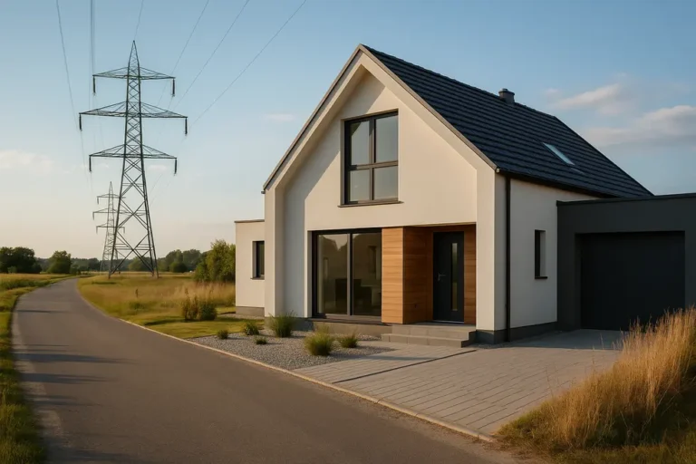 Nowoczesny dom z widokiem na infrastrukturę energetyczną w tle.