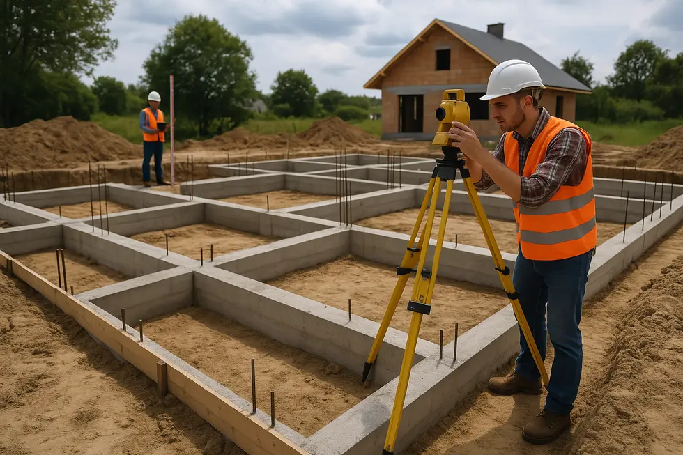 Pracująca ekipa na budowie z wytyczonymi fundamentami domu.