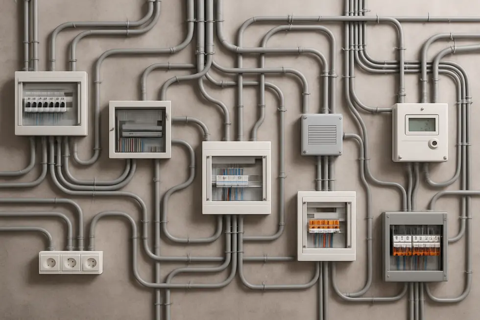 Kompleksowy układ instalacji elektrycznej ilustrujący różne elementy elektryczne.