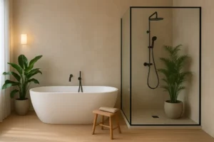 A tranquil modern bathroom featuring a bath and shower combination.