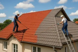 Dom z pięknie pomalowanym dachem, ilustrujący wynik przeprowadzonej usługi malowania.