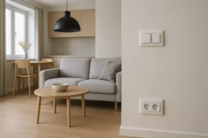 Wnętrze nowoczesnego domu z dobrze zainstalowaną elektryką, ukazujące gniazdka i włączniki.