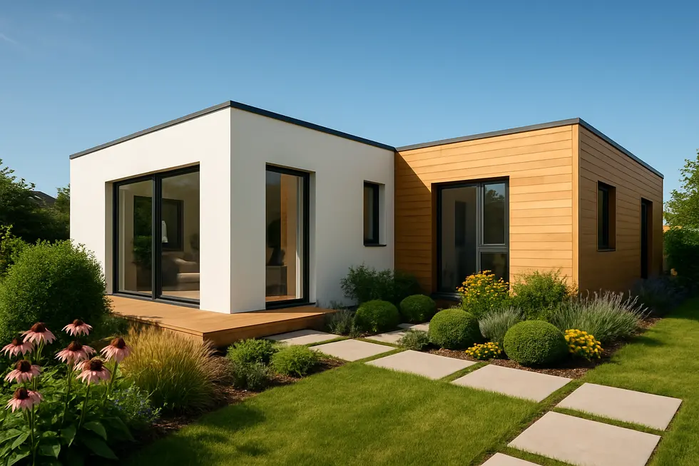 A modern modular home with a garden showcasing the possibilities of modular construction.