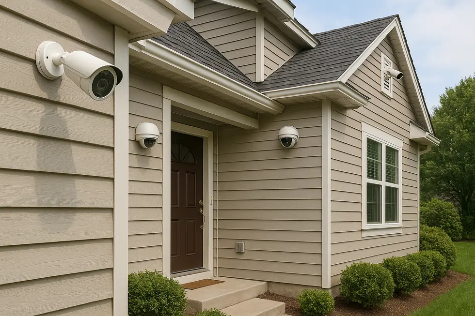 Obrazek przedstawiający dom z widocznymi kamerami monitorującymi, symbolizując bezpieczeństwo.