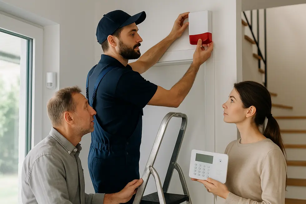 Ekipa montażowa instalująca system alarmowy w domu jednorodzinnym.