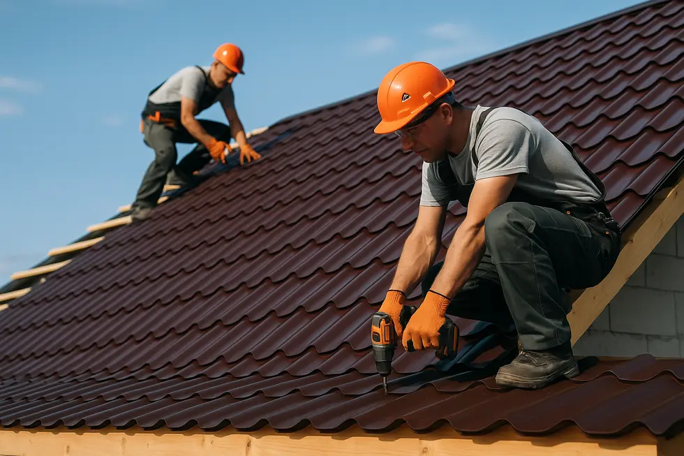 Zdjęcie przedstawiające montera budowlanego instalującego blachodachówkę na dachu.