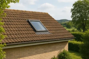 Dom z zamontowanym oknem dachowym, prezentujący widok na otaczający krajobraz.