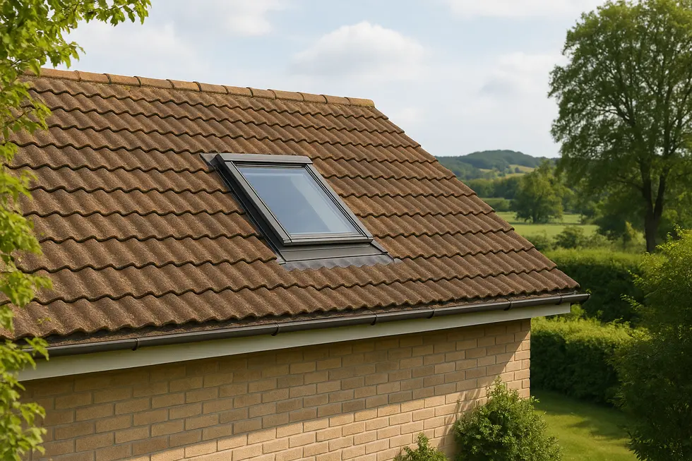 Dom z zamontowanym oknem dachowym, prezentujący widok na otaczający krajobraz.