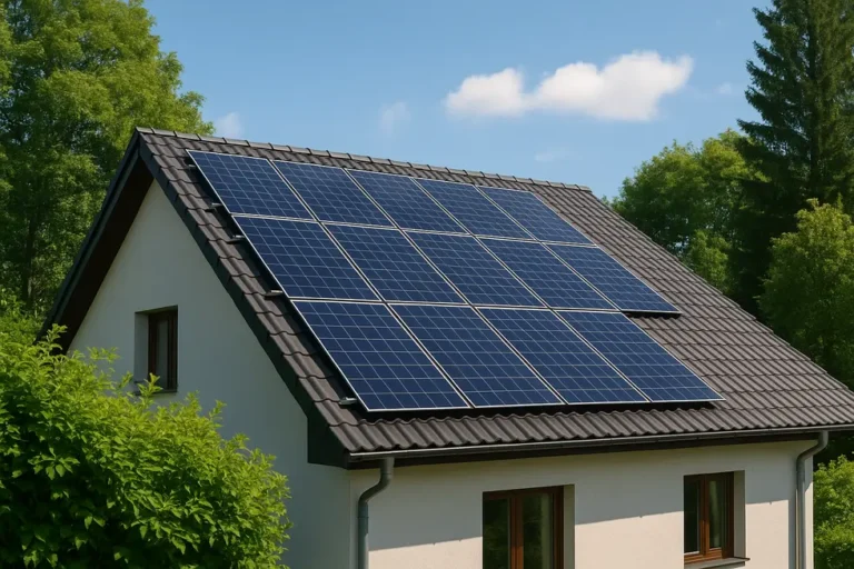 Ile kosztuje montaż paneli fotowoltaicznych? Przewodnik dla inwestorów 5 Nowoczesne panele fotowoltaiczne zamontowane na dachu w otoczeniu natury.