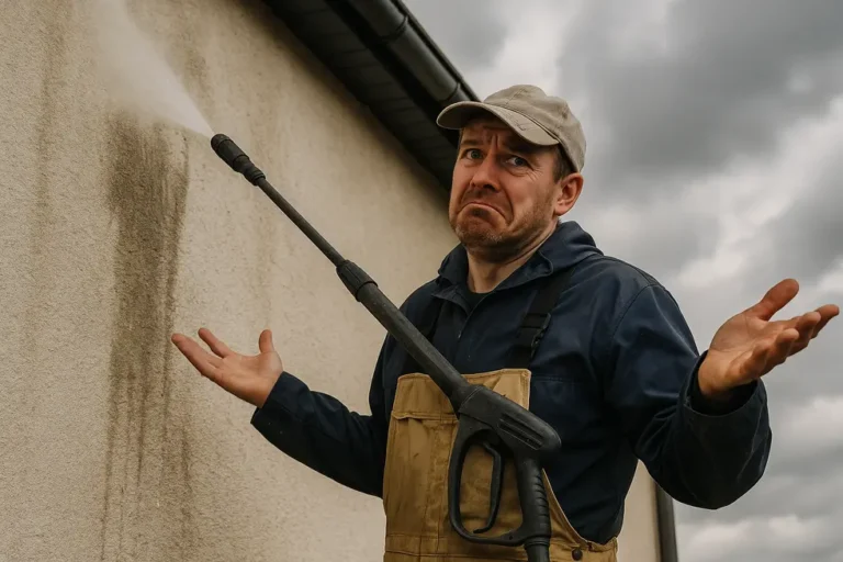 Ile kosztuje mycie elewacji? Praktyczny przewodnik 8 Pracownik wykonujący usługę mycia elewacji na dużym budynku.