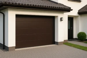 Estetyczna brama garażowa zainstalowana w eleganckim garażu przy nowoczesnym domu.