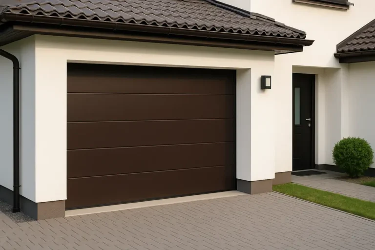 Estetyczna brama garażowa zainstalowana w eleganckim garażu przy nowoczesnym domu.