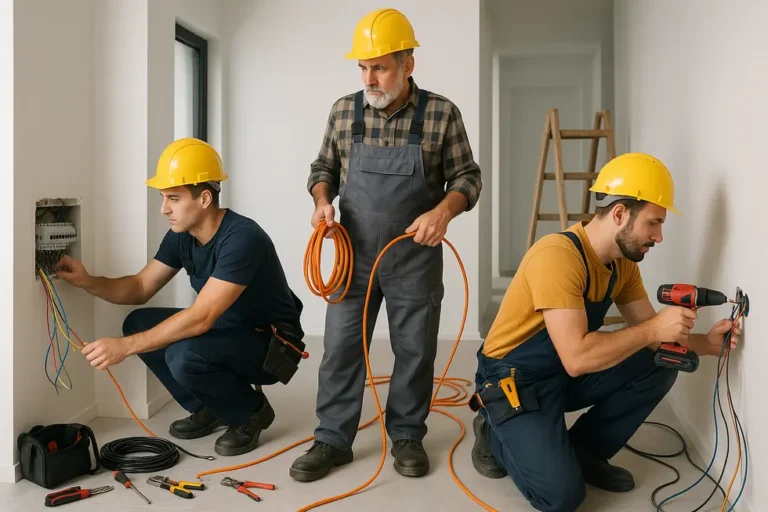 Ile kosztuje wymiana instalacji elektrycznej? Praktyczny przewodnik dla inwestorów 9 Ekipa specjalistów wymieniających instalację elektryczną w mieszkaniu.