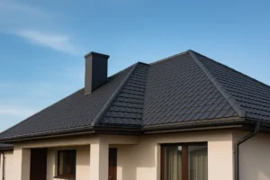 Dom z efektownym nowym pokryciem dachowym, symbolizujący udaną wymianę.