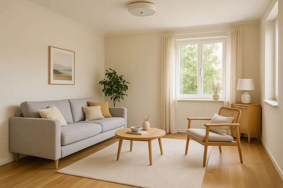 A beautifully painted and furnished living room in a 60 m² apartment.