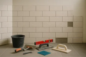 Wnętrze z nowo ułożoną glazurą, ukazujące narzędzia i miejsce pracy wykonawcy.