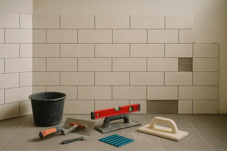 Wnętrze z nowo ułożoną glazurą, ukazujące narzędzia i miejsce pracy wykonawcy.