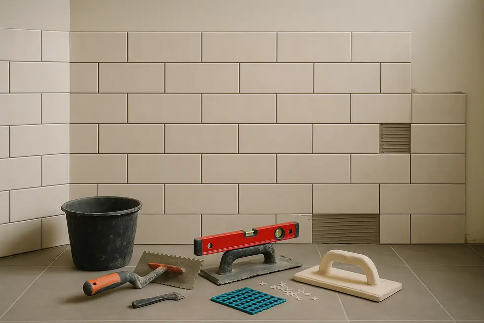 Wnętrze z nowo ułożoną glazurą, ukazujące narzędzia i miejsce pracy wykonawcy.