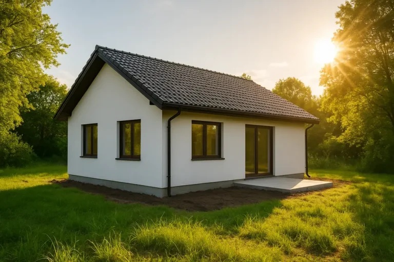 Koszt budowy domu parterowego w 2025 roku: Co musisz wiedzieć 7 Nowo wybudowany dom parterowy z oknami i ogrodem, otoczony piękną przyrodą.