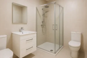 Nowoczesna łazienka wyposażona w kabinę prysznicową, z jasną i estetyczną aranżacją.