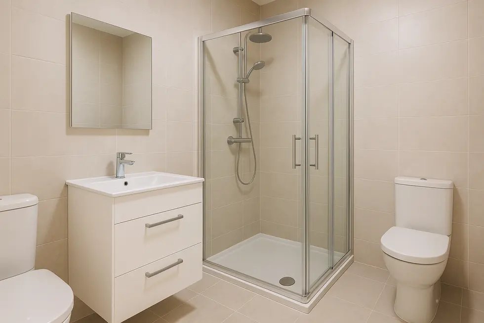 Nowoczesna łazienka wyposażona w kabinę prysznicową, z jasną i estetyczną aranżacją.