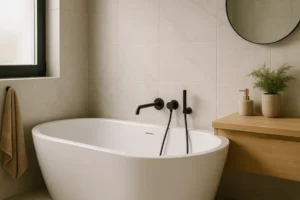 Elegancka, nowoczesna łazienka z wanną przytulnym narożnikiem.