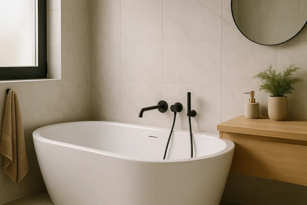 Elegancka, nowoczesna łazienka z wanną przytulnym narożnikiem.