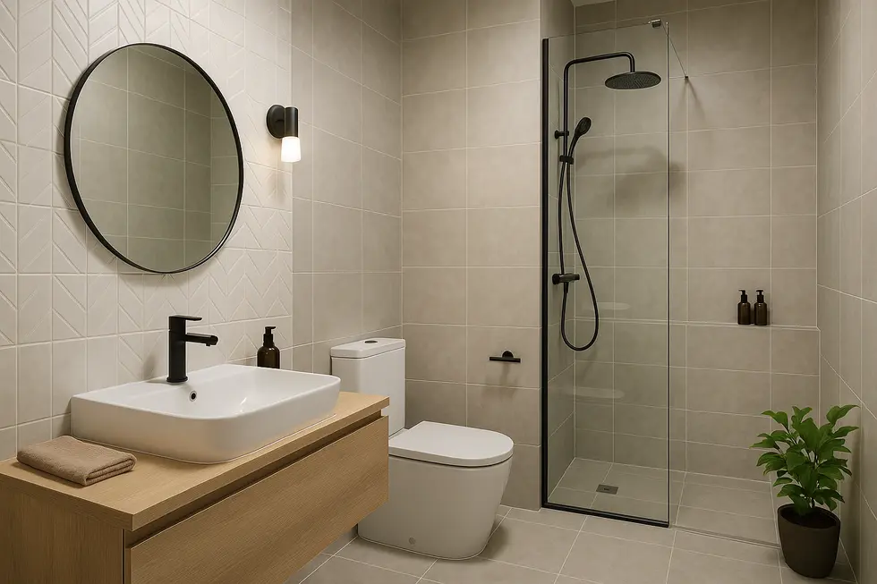 Nowoczesna i elegancka łazienka po remoncie, z majestatycznym prysznicem i kolorowymi kafelkami.